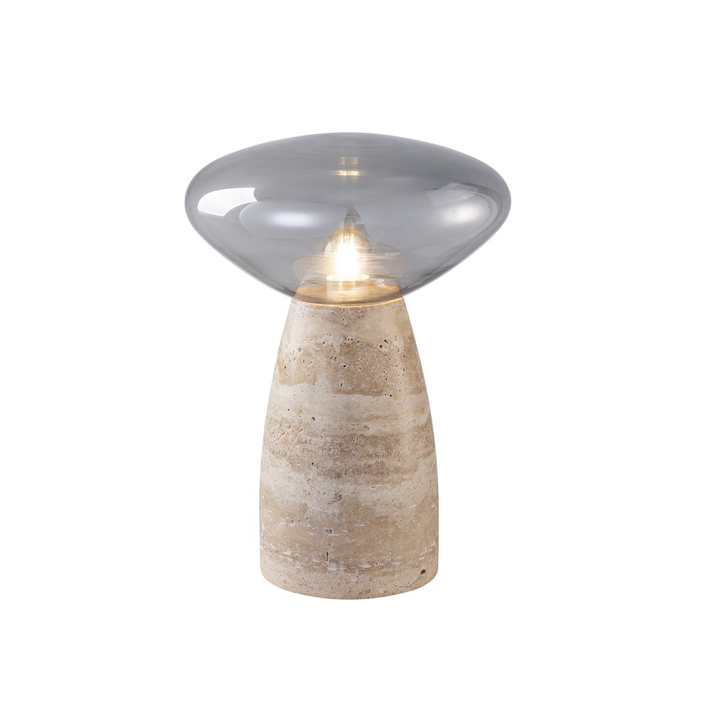 1-Light Mushroom-Style Table Lamp With A Travertine Base and A Smoke Glass Shade. Picture 1