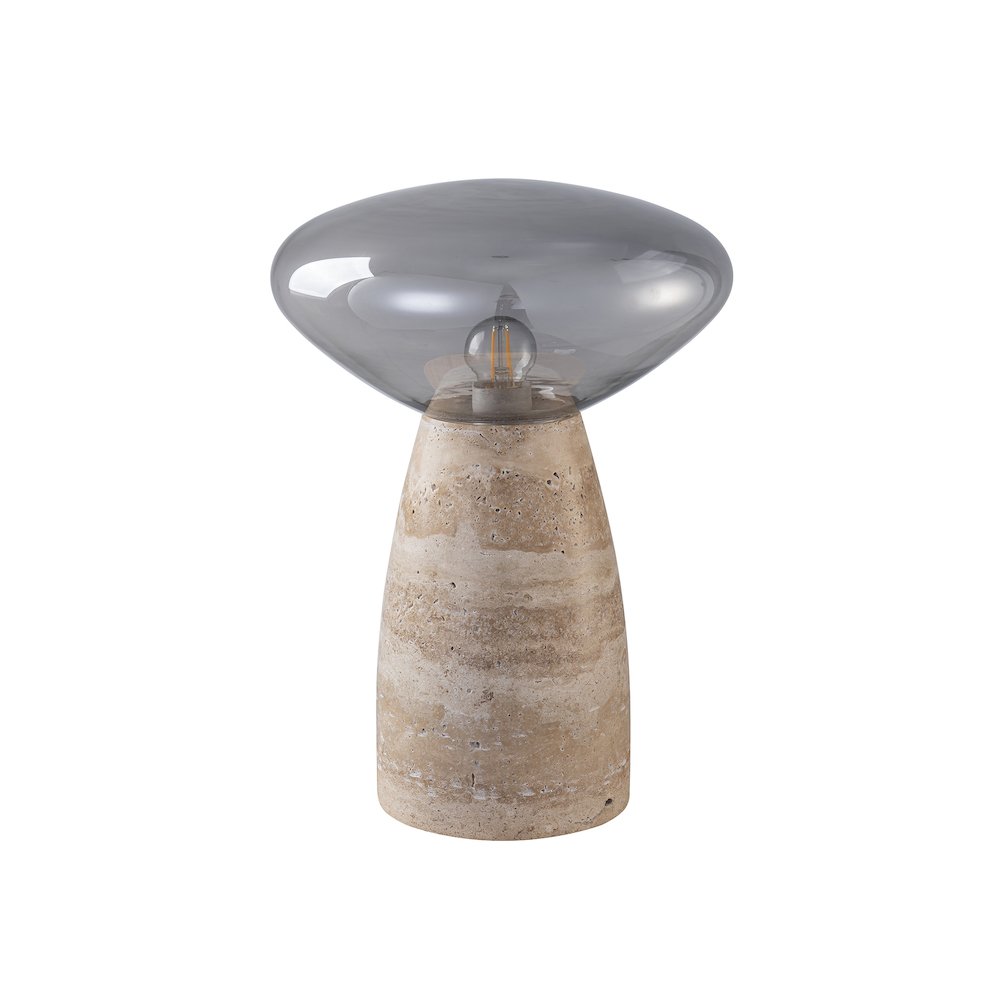 1-Light Mushroom-Style Table Lamp With A Travertine Base and A Smoke Glass Shade. Picture 2