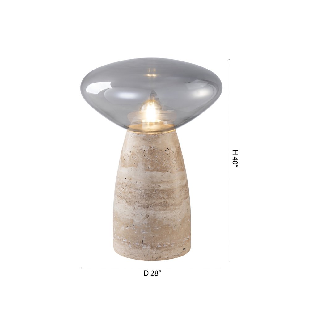 1-Light Mushroom-Style Table Lamp With A Travertine Base and A Smoke Glass Shade. Picture 6