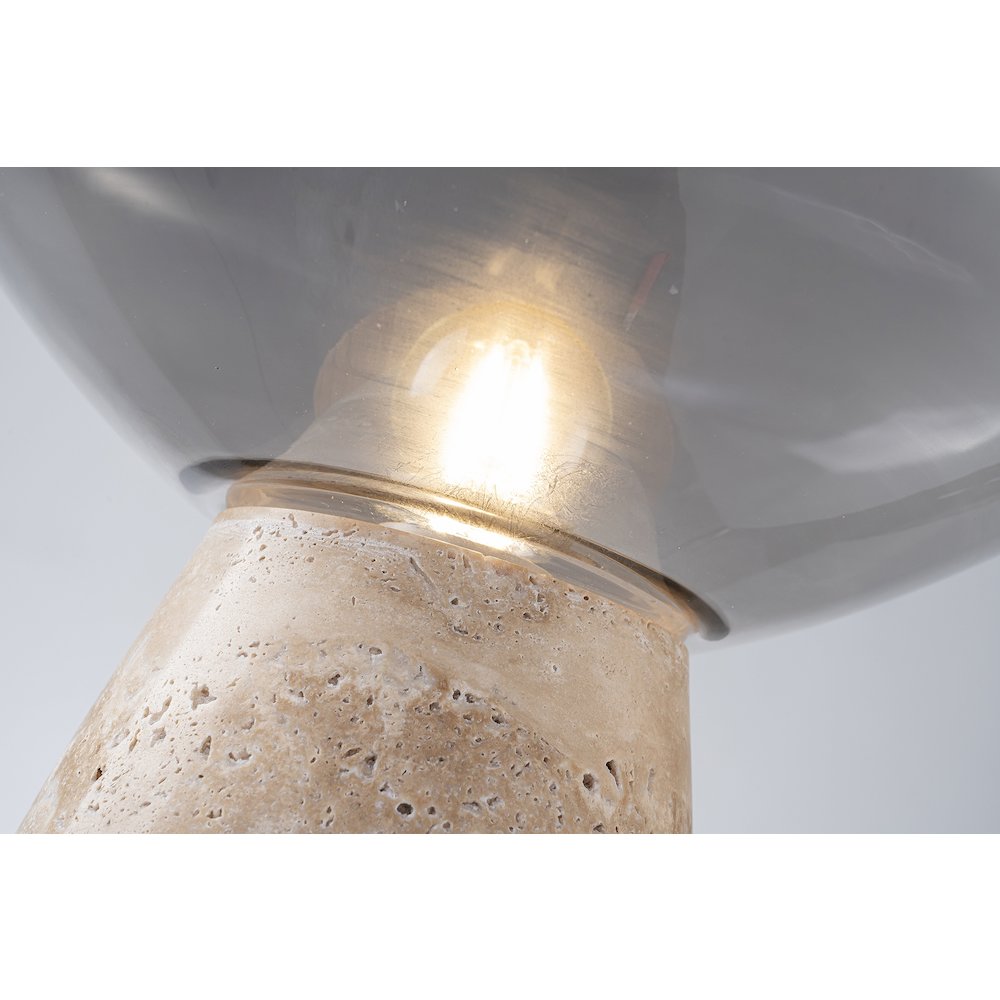 1-Light Mushroom-Style Table Lamp With A Travertine Base and A Smoke Glass Shade. Picture 3