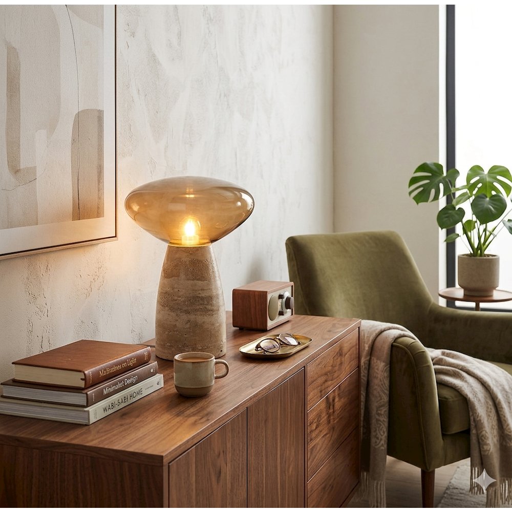 1-Light Mushroom-Style Table Lamp With A Travertine Base and A Smoke Glass Shade. Picture 7