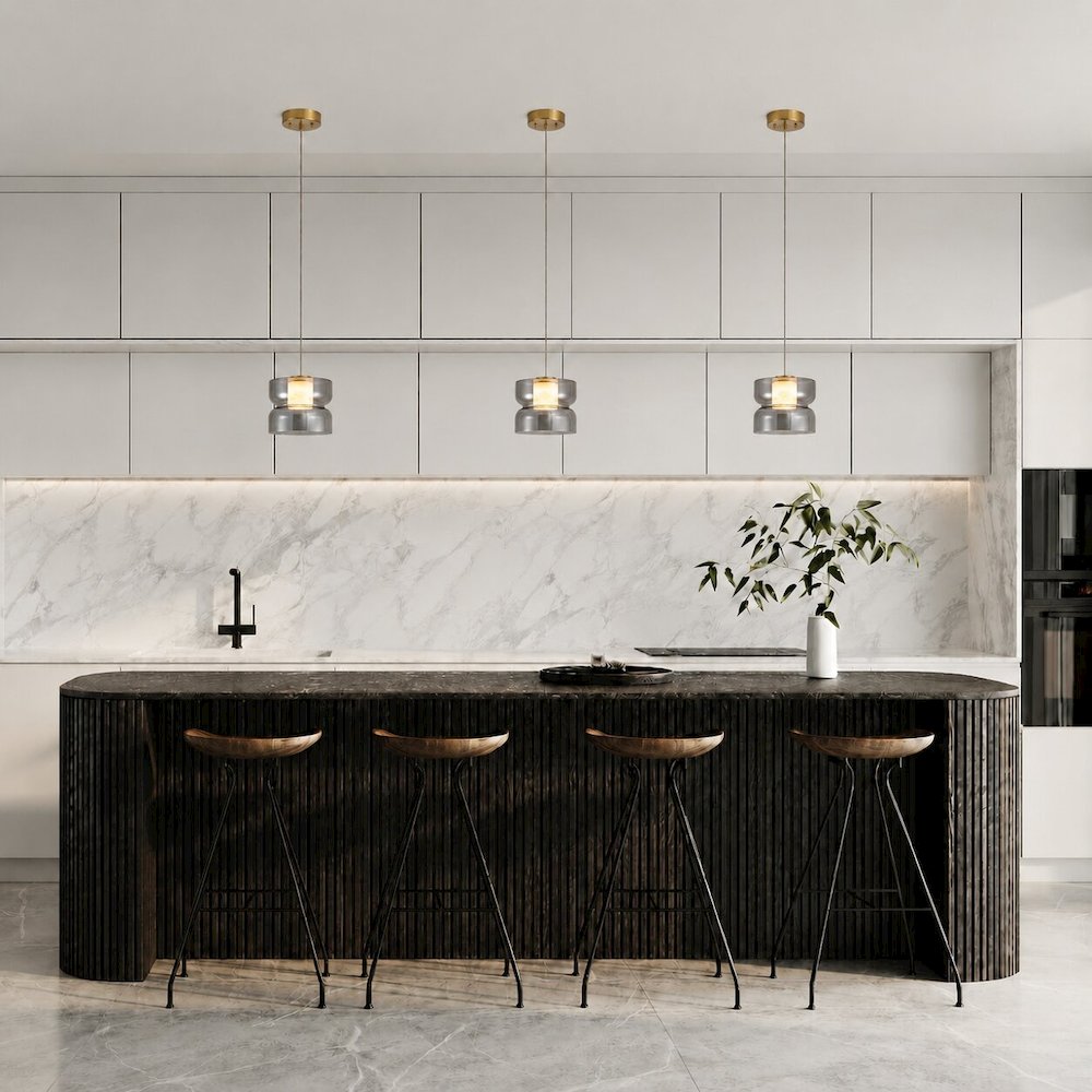 1-Light Brass LED Pendant With A Smoky Grey Glass Shade. Picture 9