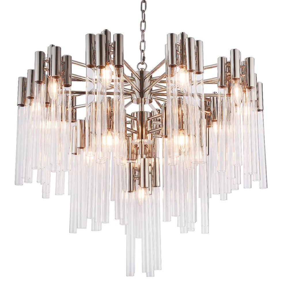 16-Light Shiny Nickel Metal Chandelier With Clear Glass Rods. Picture 1