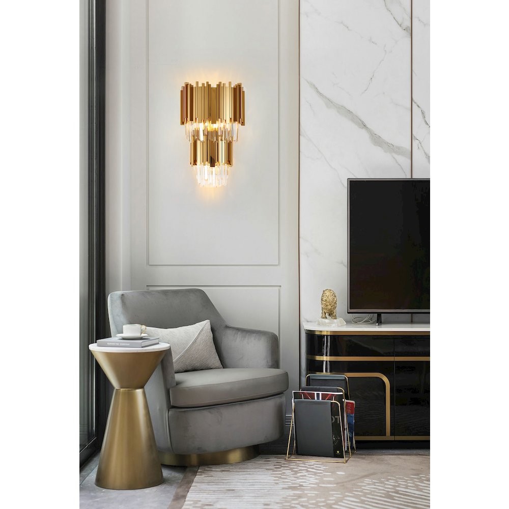 3-Light Gold Wall Sconce With Clear Crystals. Picture 2