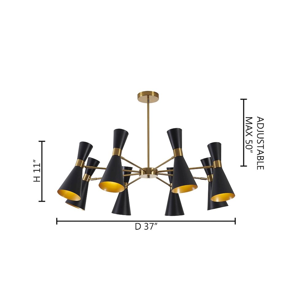 8-Light Gold Chandelier With Sand Black Cone Shades. Picture 2