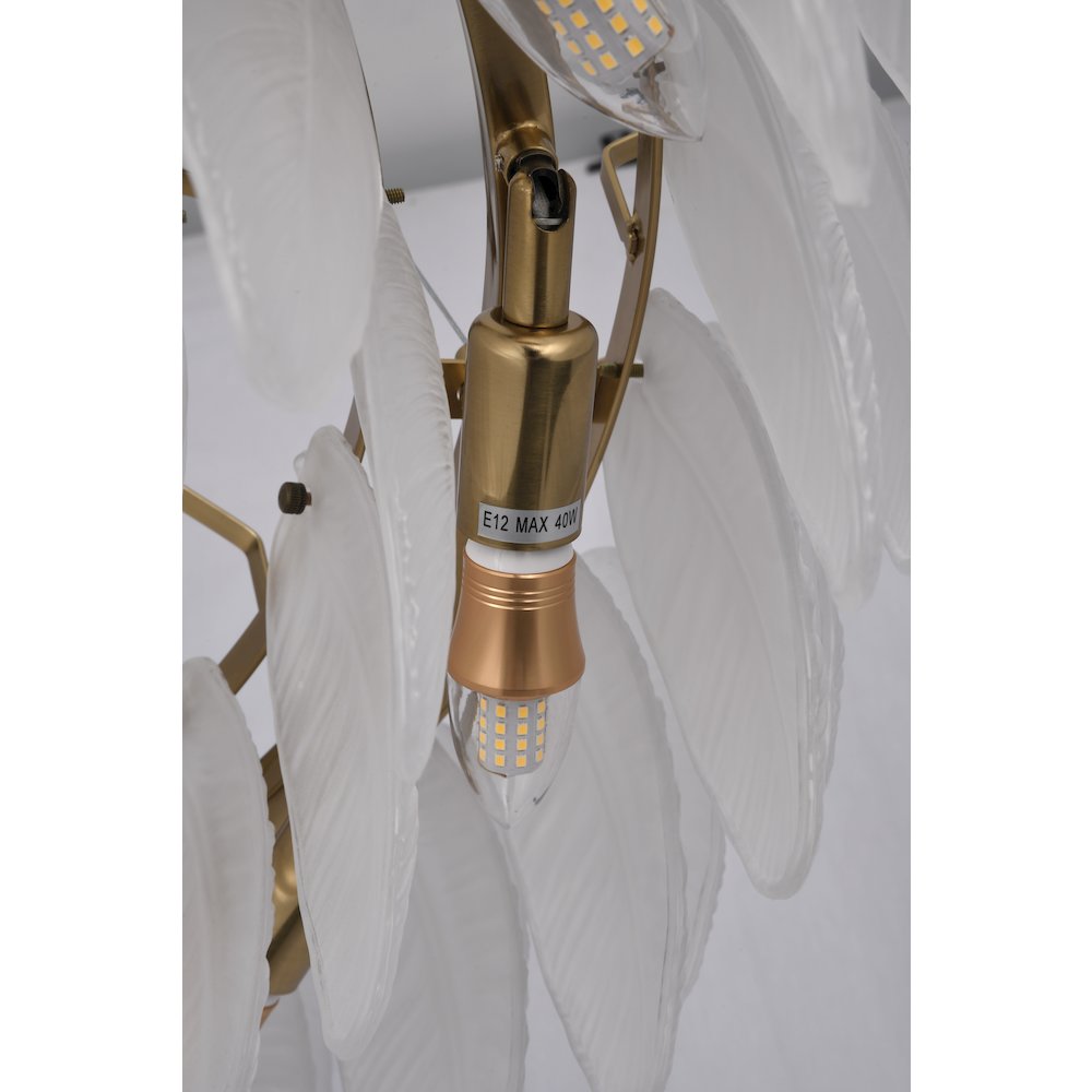 11-Light Brass Chandelier With White Glass Leafs. Picture 3