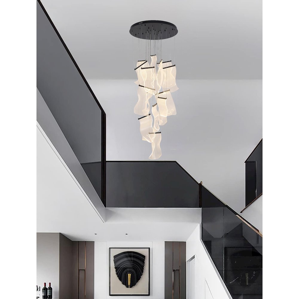8-Light Satin Black Chandelier With Acrylic Crumbled Sheet Pendants. Picture 8