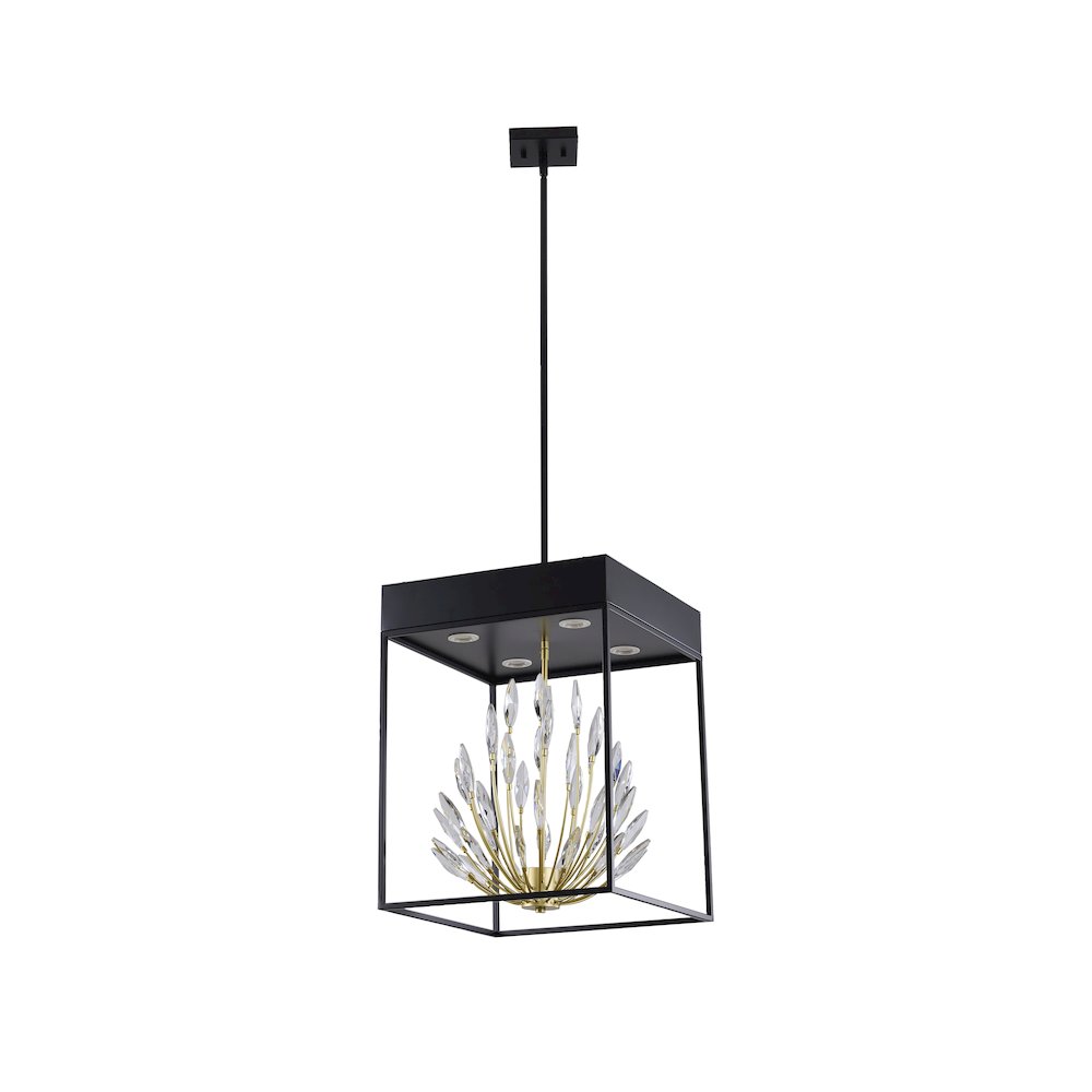4-Light Matte Black Pendant With Gold Branches And Clear Crystals. Picture 2
