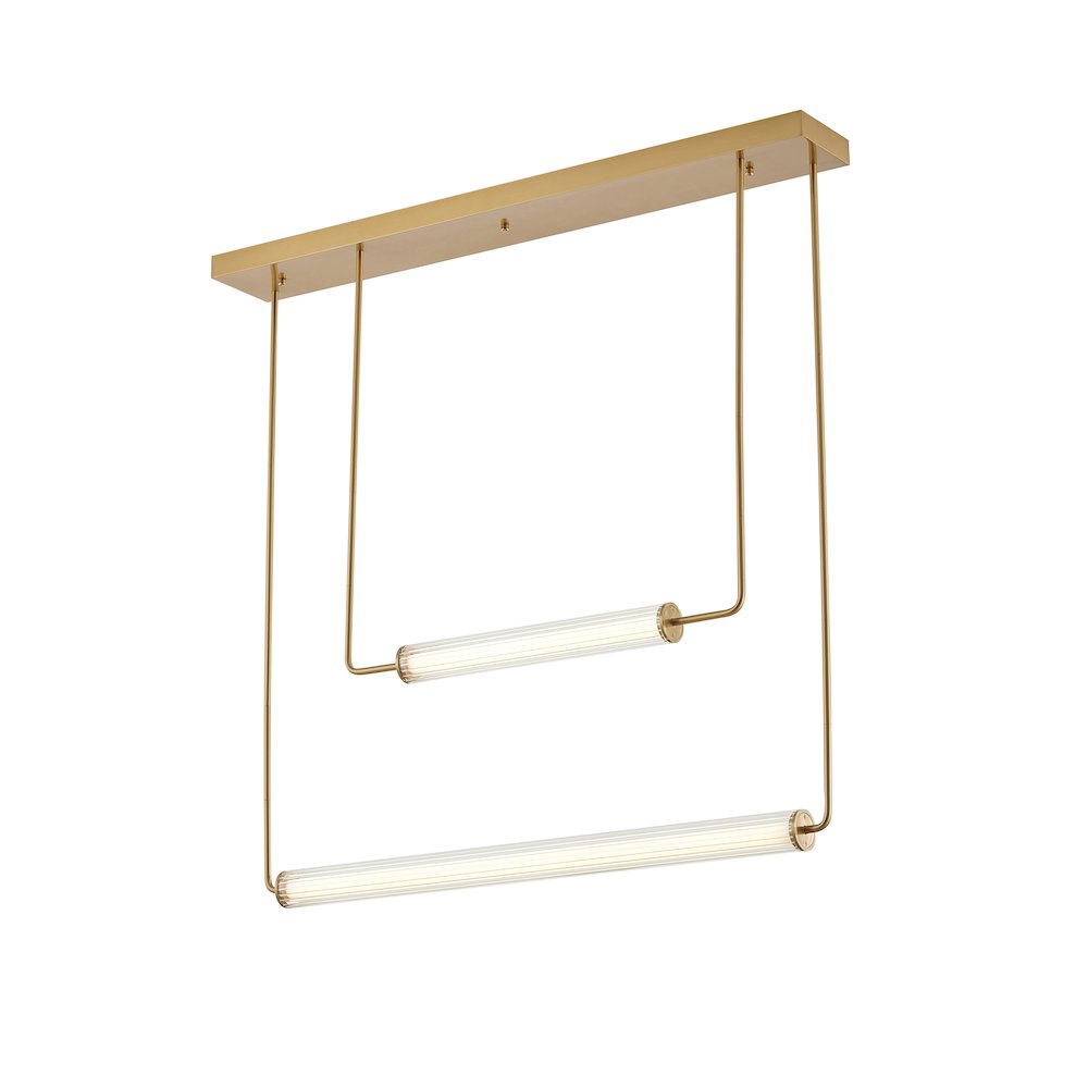 2-Light Brass LED Chandelier With Clear And White Glass Cylinder Shades. Picture 1