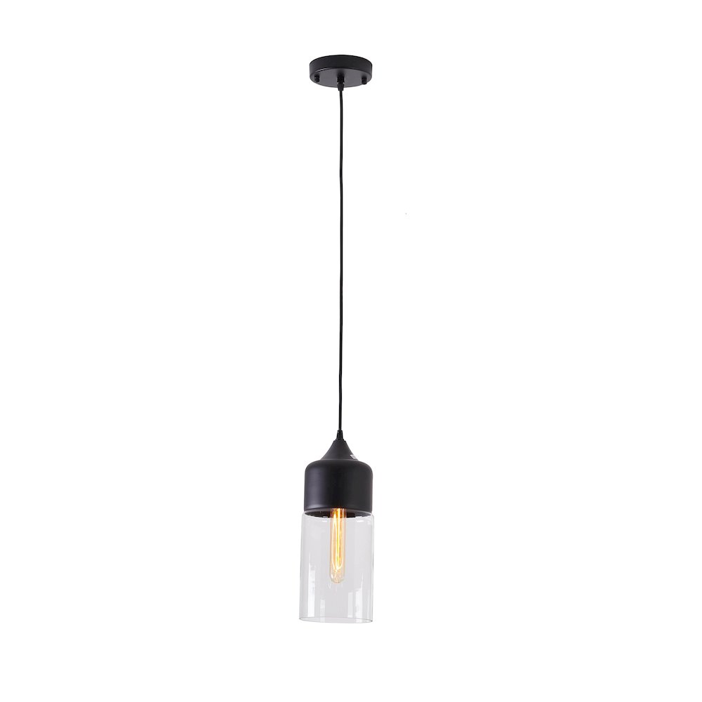 1-Light Matte Black Single Pendant With A Clear Glass Shade. Picture 1