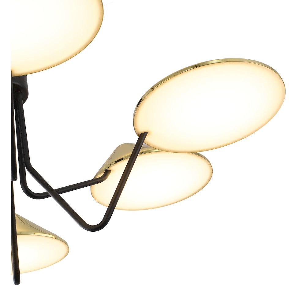 6-Light Black And Shiny Brass Iron LED Chandelier With White Acrylic Shades. Picture 4