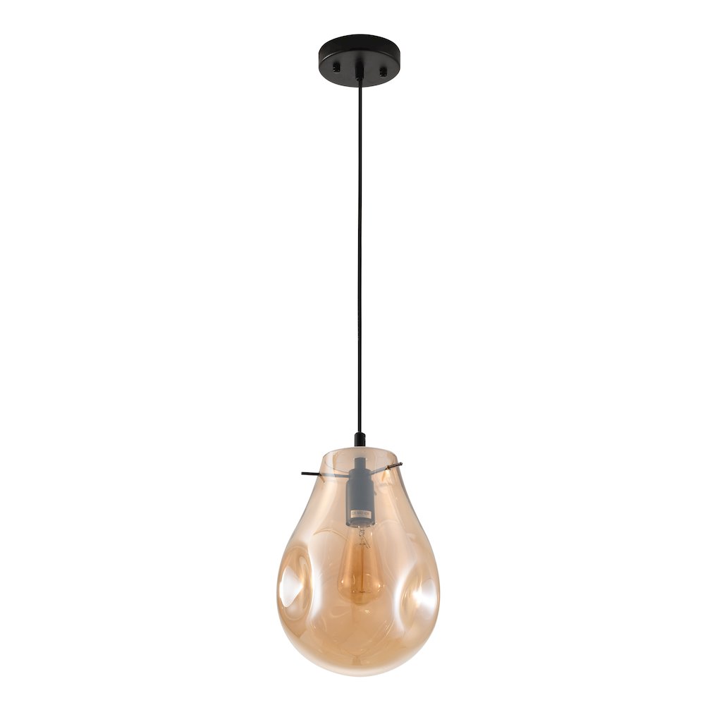 1-Light Black Single Pendant With An Amber Glass Shade. Picture 2
