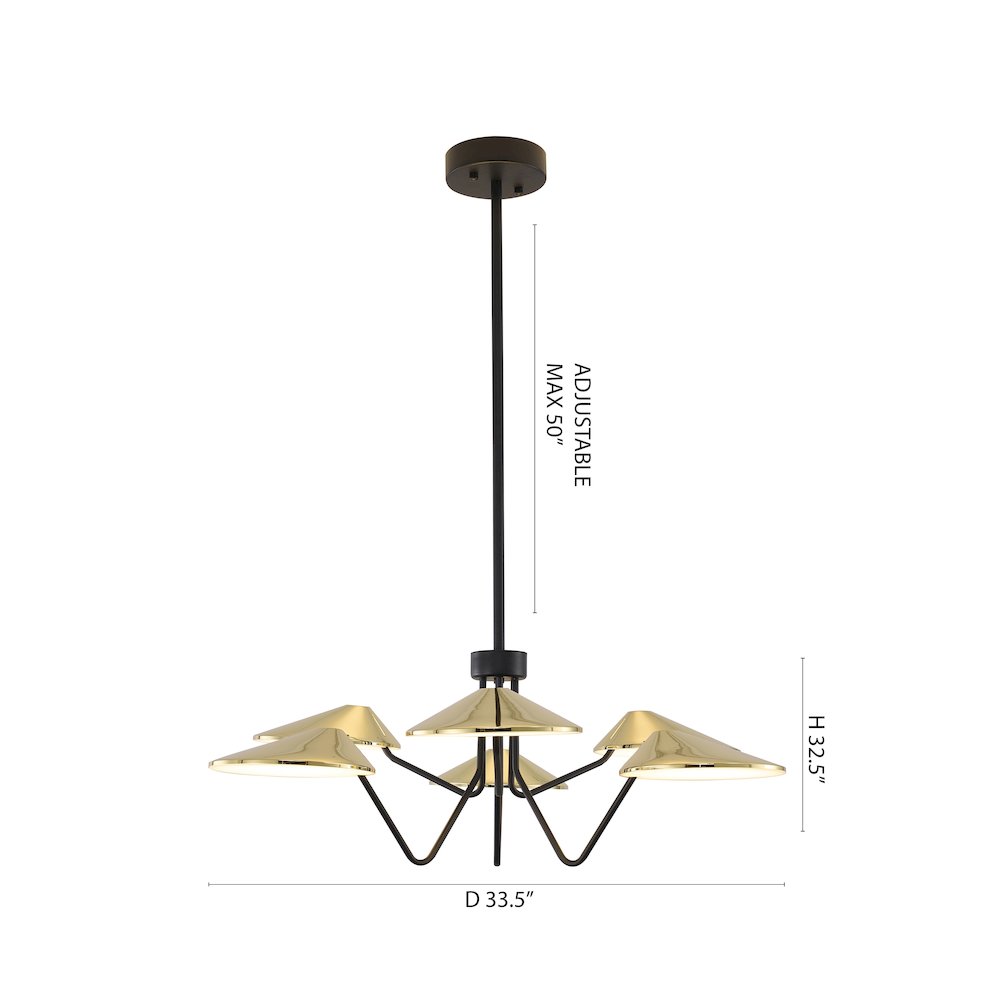 6-Light Black And Shiny Brass Iron LED Chandelier With White Acrylic Shades. Picture 6