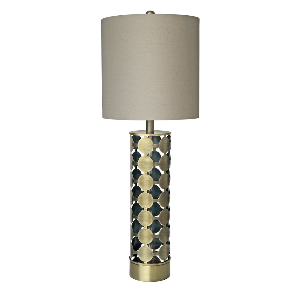 1-Light Antique Brass Metal Table Lamp With A Drum Shade. Picture 1