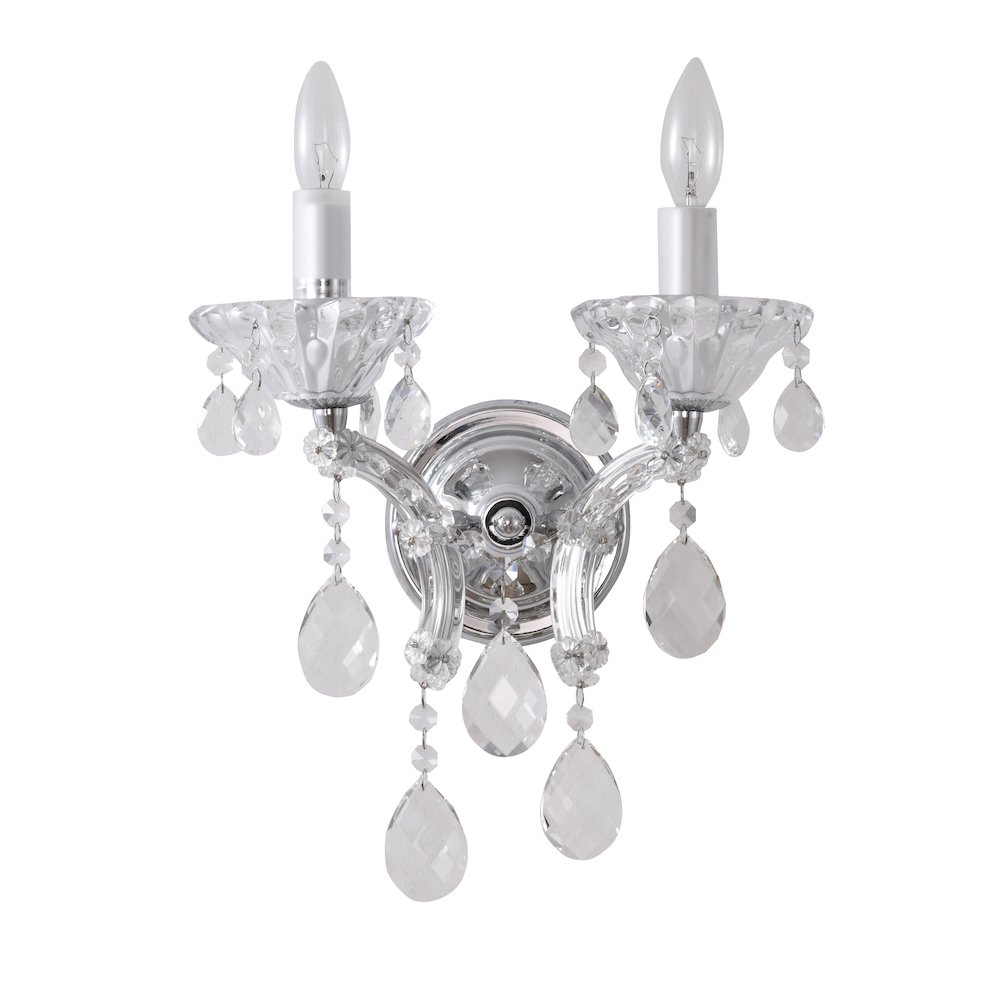 2-Light Chrome Metal Wall Sconce With Clear Crystal Accents. Picture 2