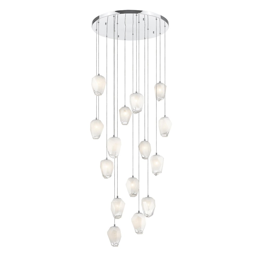 15-Light Chrome Chandelier With White Glass Pendants. Picture 1