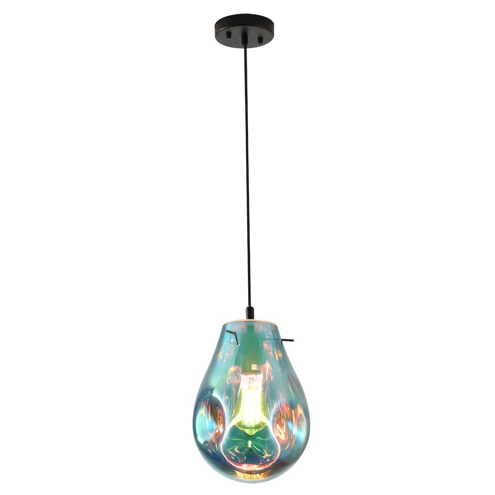 1-Light Black Single Pendant With A Blue Glass Shade. Picture 1