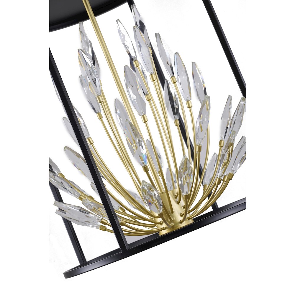 4-Light Matte Black Pendant With Gold Branches And Clear Crystals. Picture 4