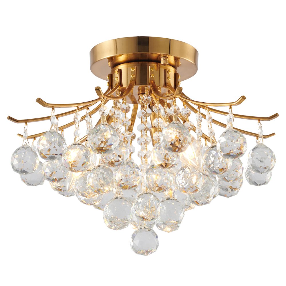 3-Light Satin Brass Metal Flush Mount With Clear Crystals. Picture 1