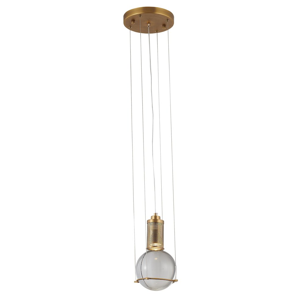 1-Light Antique Brass Metal Single Pendant With A Clear Crystal Ball. Picture 1