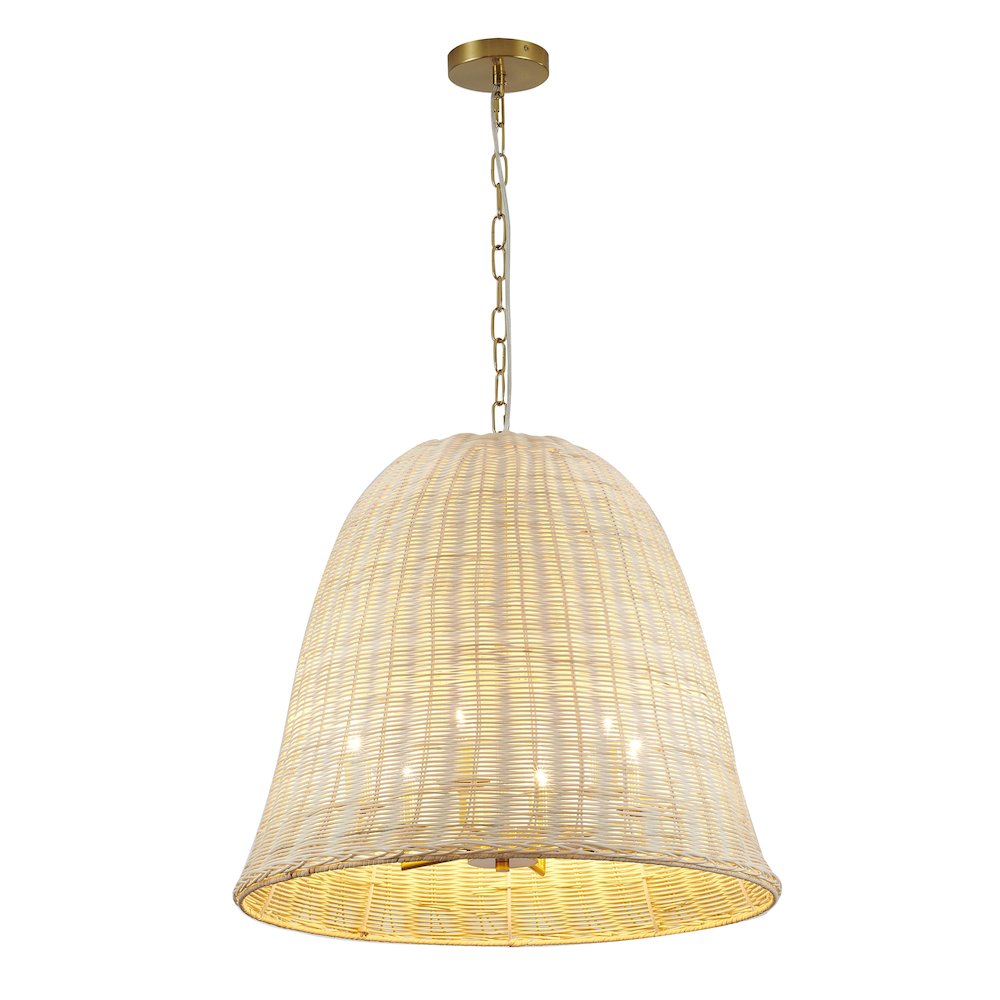 6-Light Brass Chandelier With A Natural White Wood Vine Basket Shade. Picture 1