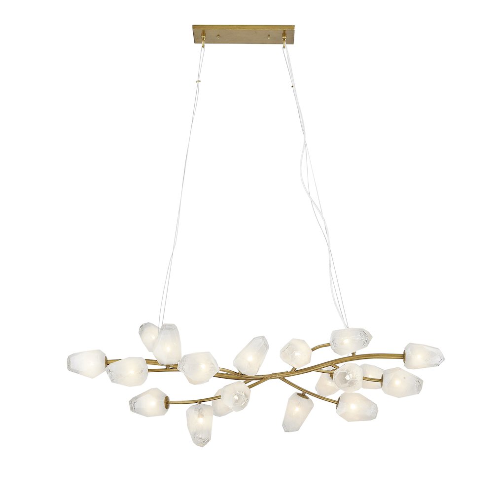 20-Light gold iron frame chandelier with white glass shades. Picture 1