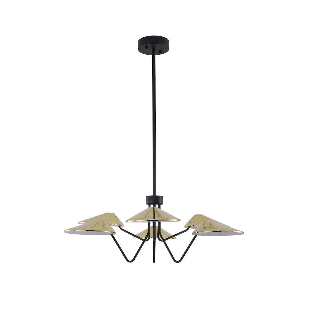 6-Light Black And Shiny Brass Iron LED Chandelier With White Acrylic Shades. Picture 2