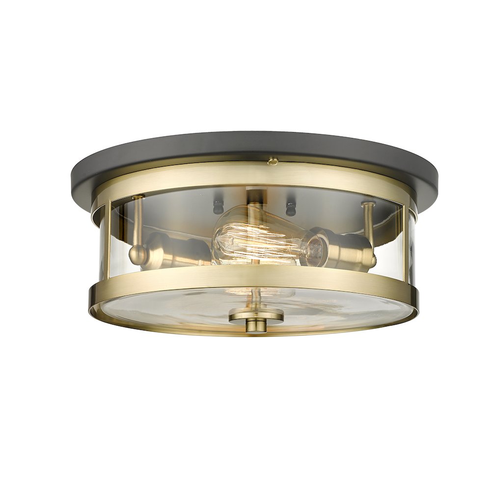 2-Light Black And Gold Flush Mount With A Clear Glass Shade. Picture 3