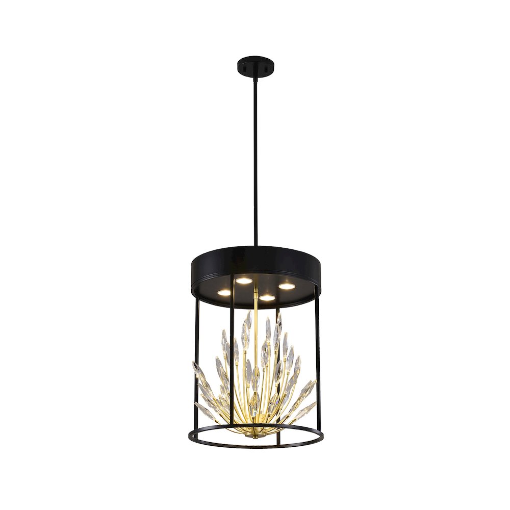4-Light Matte Black Pendant With Gold Branches And Clear Crystals. Picture 1