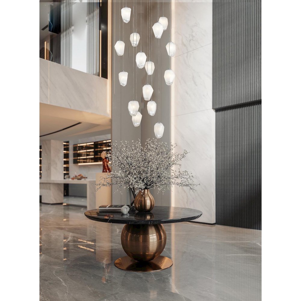 15-Light Chrome Chandelier With White Glass Pendants. Picture 5