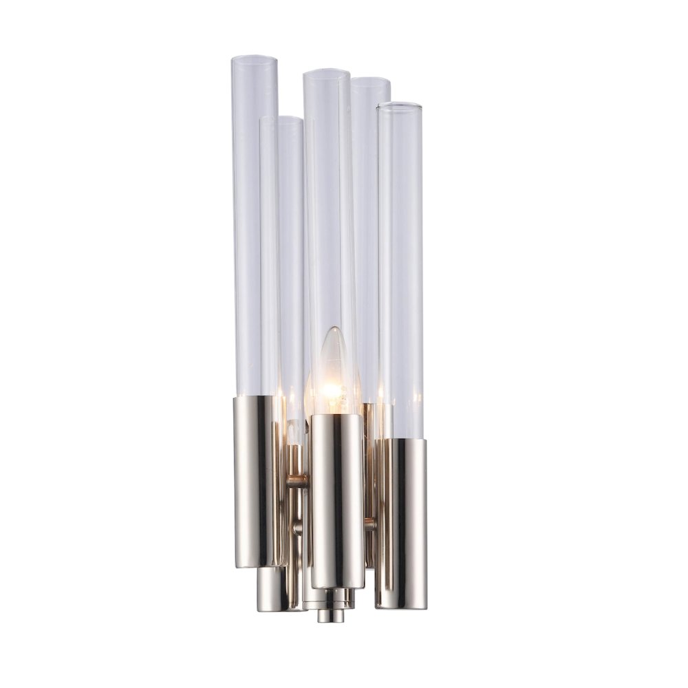 1-Light Shiny Nickel Metal Wall Sconce With Clear Glass Rods. Picture 1