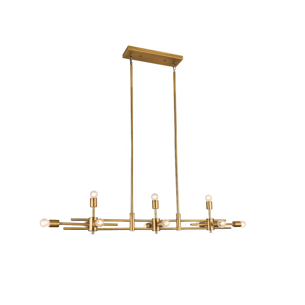 11-Light Matte Brass Metal Chandelier With Visible Bulbs. Picture 1