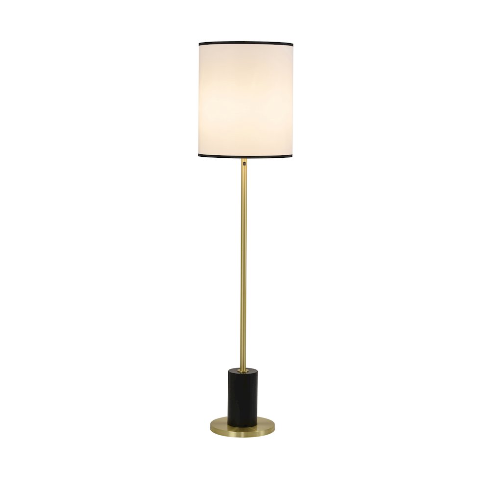2-Light Black And Satin Brass Floor Lamp With A White Linen Shade. Picture 1