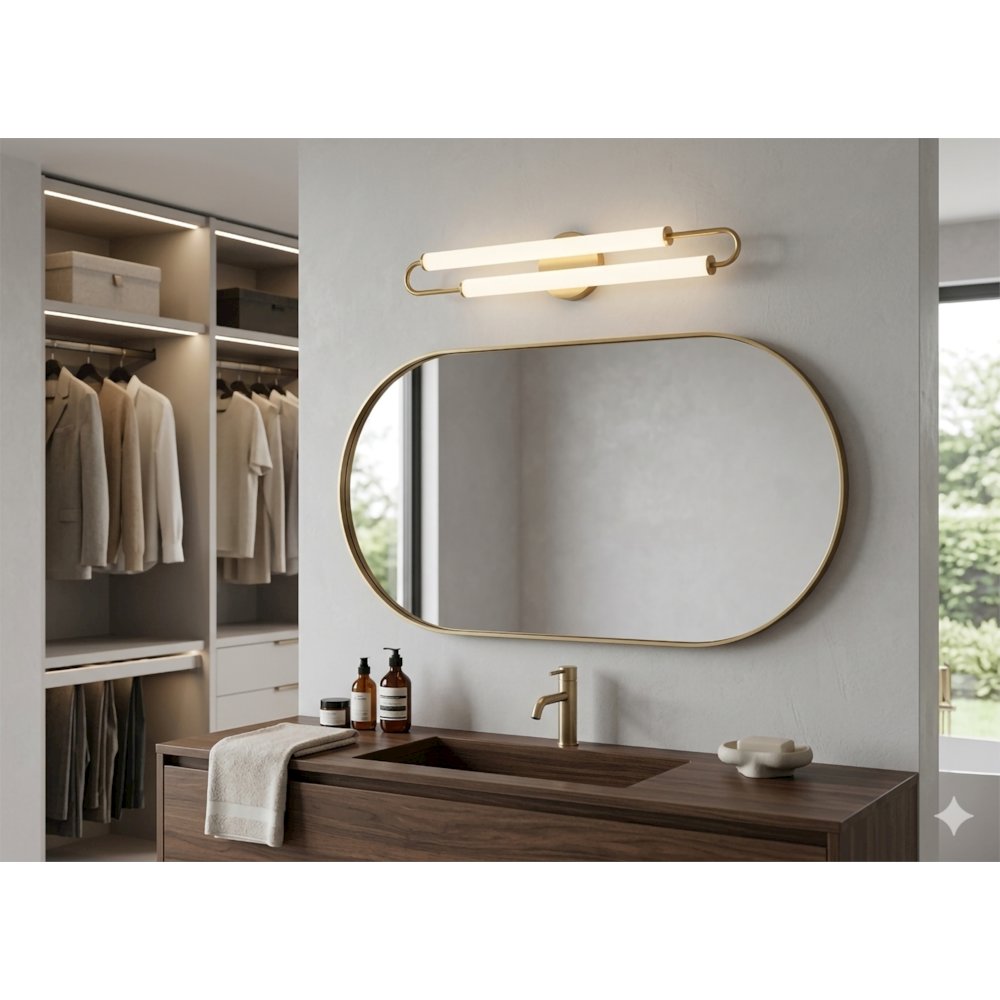 2-Light Satin Brass LED Wall Sconce With White Acrylic Shades. Picture 2