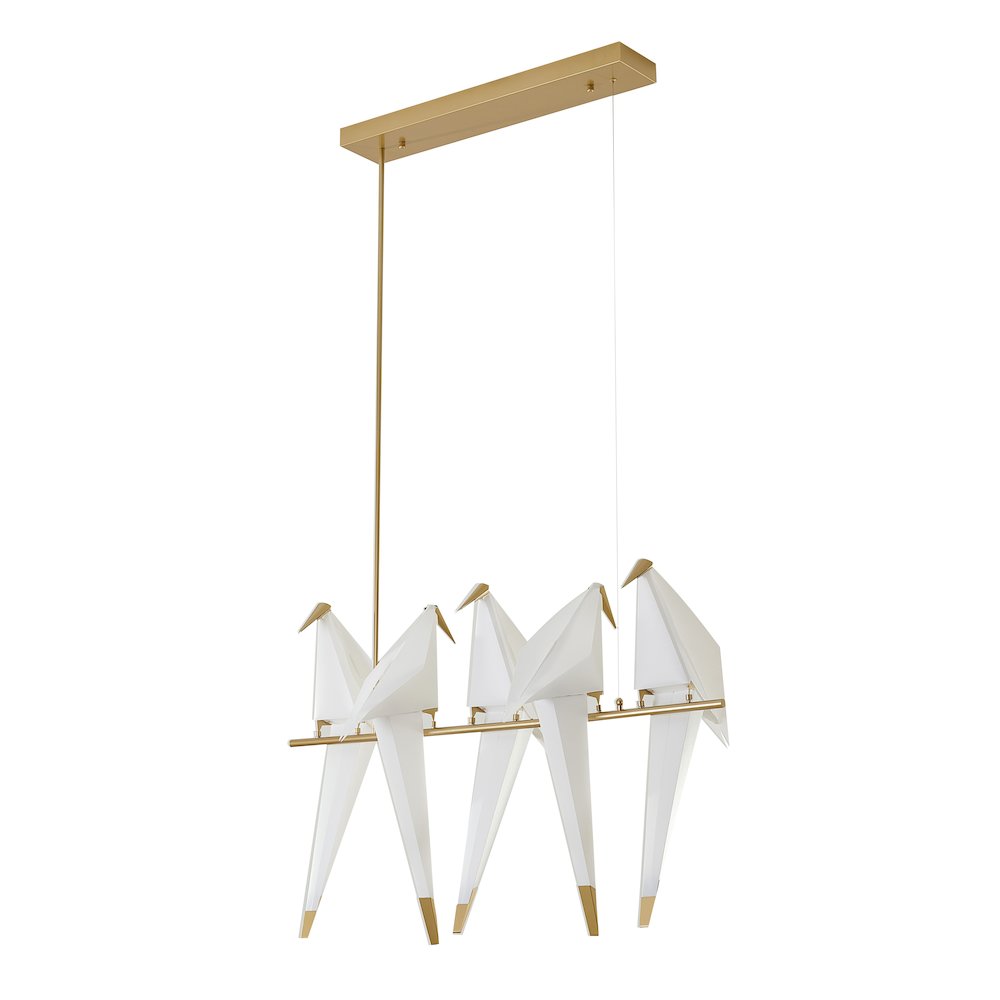 5-Light Gold LED Chandelier With White Plastic Birds. Picture 2