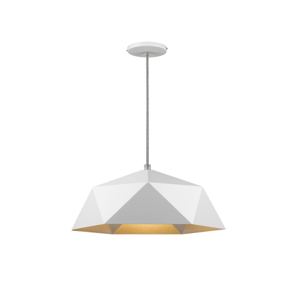 1-Light White Metal Shade Pendant With A Gold Interior. Picture 1