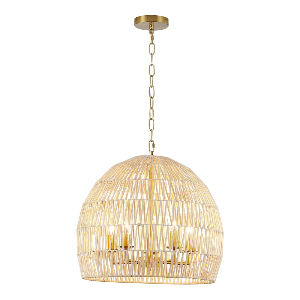 5-Light Brass Chandelier With A Natural White Wood Vine Basket Shade. Picture 1