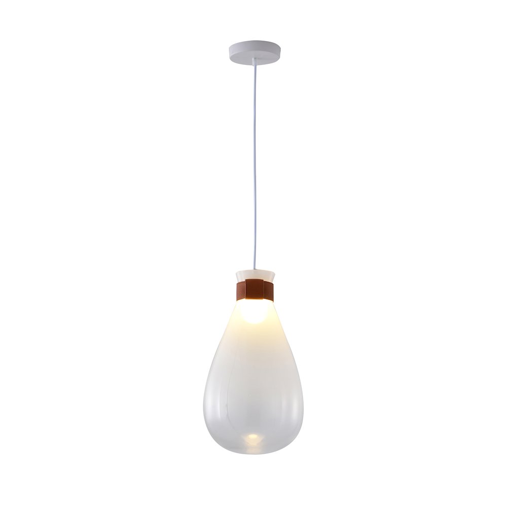 1-Light White Glass Jar Pendant With A Leather Band. Picture 1