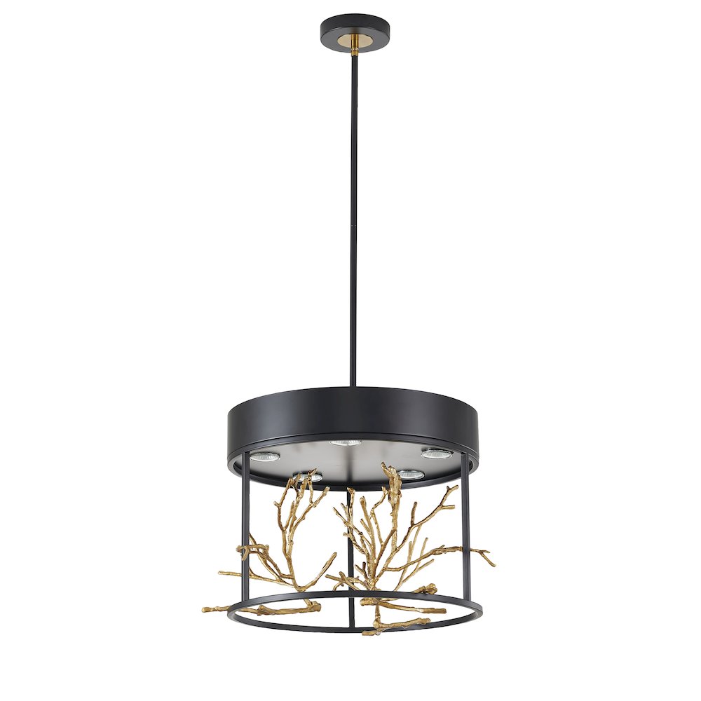 5-Light Matte Black Pendant With Gold Branch Accents. Picture 2