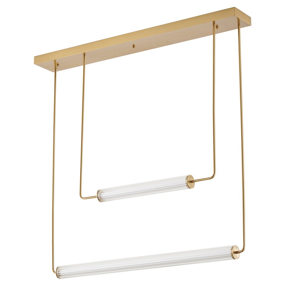 2-Light Brass LED Chandelier With Clear And White Glass Cylinder Shades. Picture 2