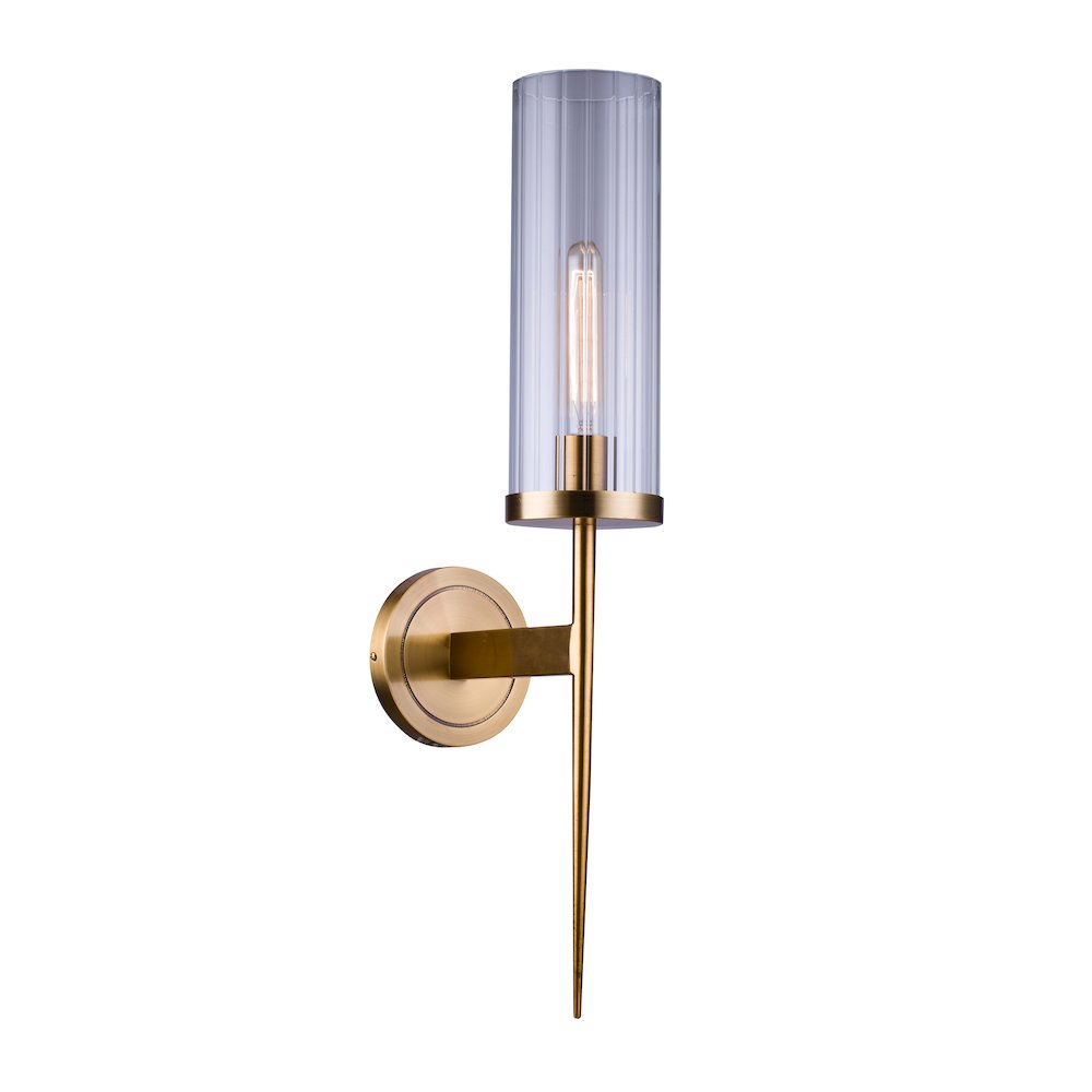 1-Light Antique Brass Metal Wall Sconce With A Clear Glass Shade. Picture 1