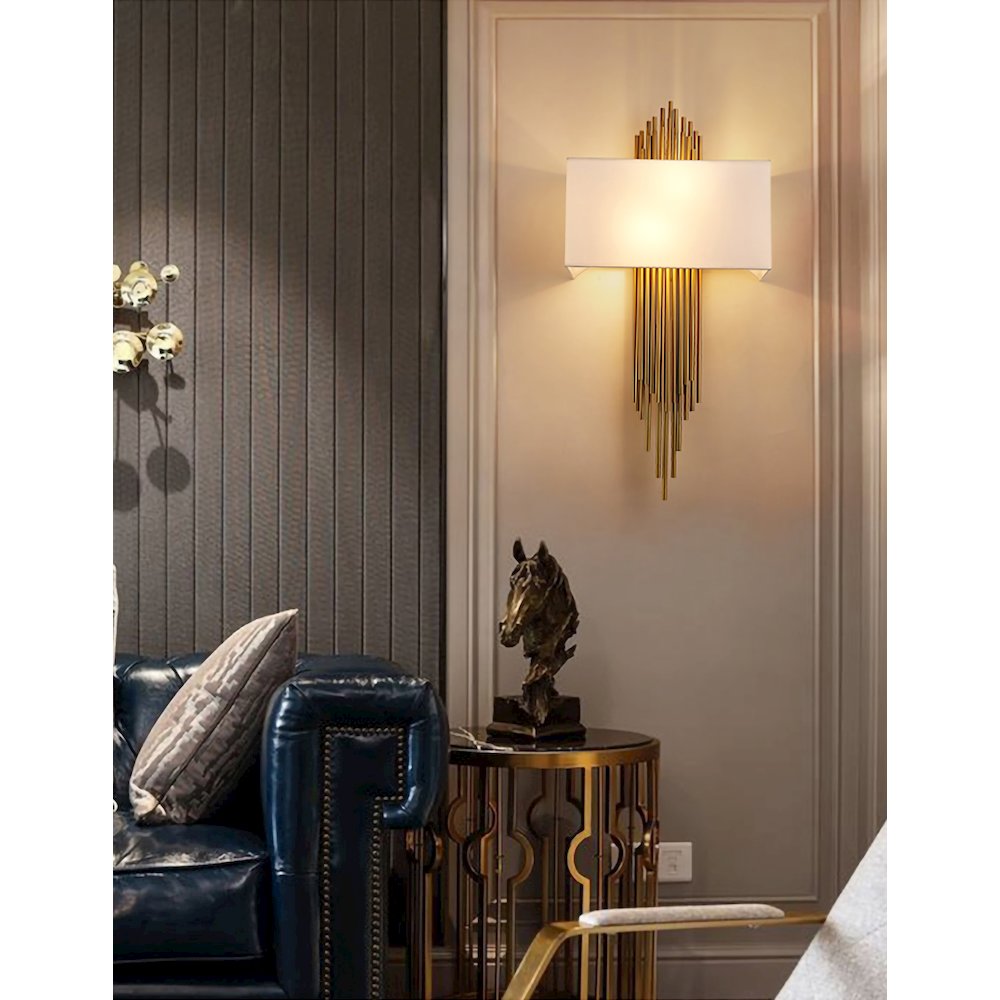 2-Light Antique Brass Rod Wall Sconce With A White Shade. Picture 5
