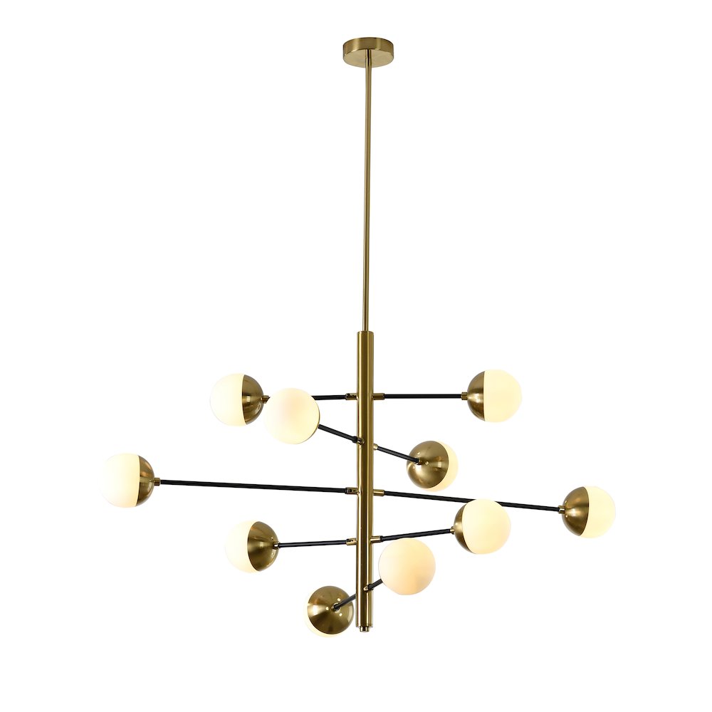 10-Light Brass And Black Chandelier With Milk White Glass Shades. Picture 1