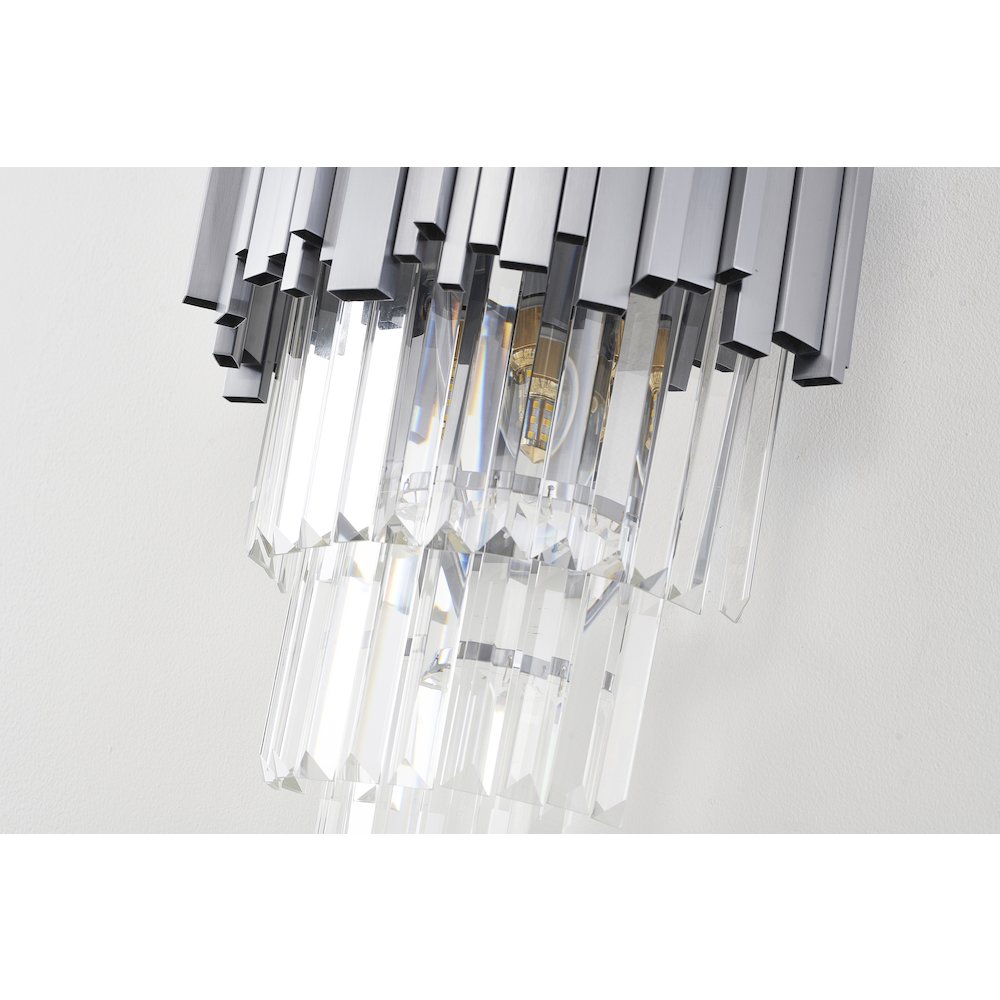 3-Light Shiny Nickel Wall Sconce With Clear Hanging Crystals. Picture 3
