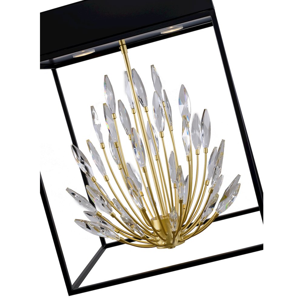 4-Light Matte Black Pendant With Gold Branches And Clear Crystals. Picture 5