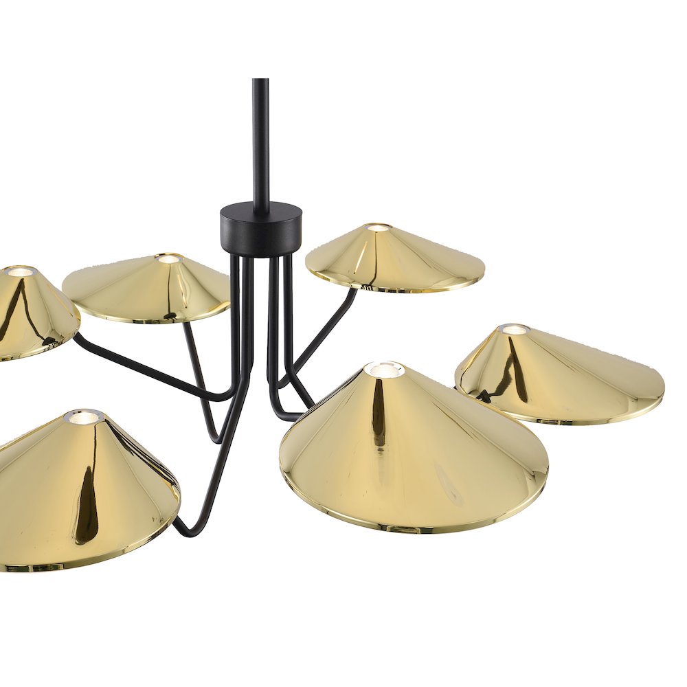 6-Light Black And Shiny Brass Iron LED Chandelier With White Acrylic Shades. Picture 3