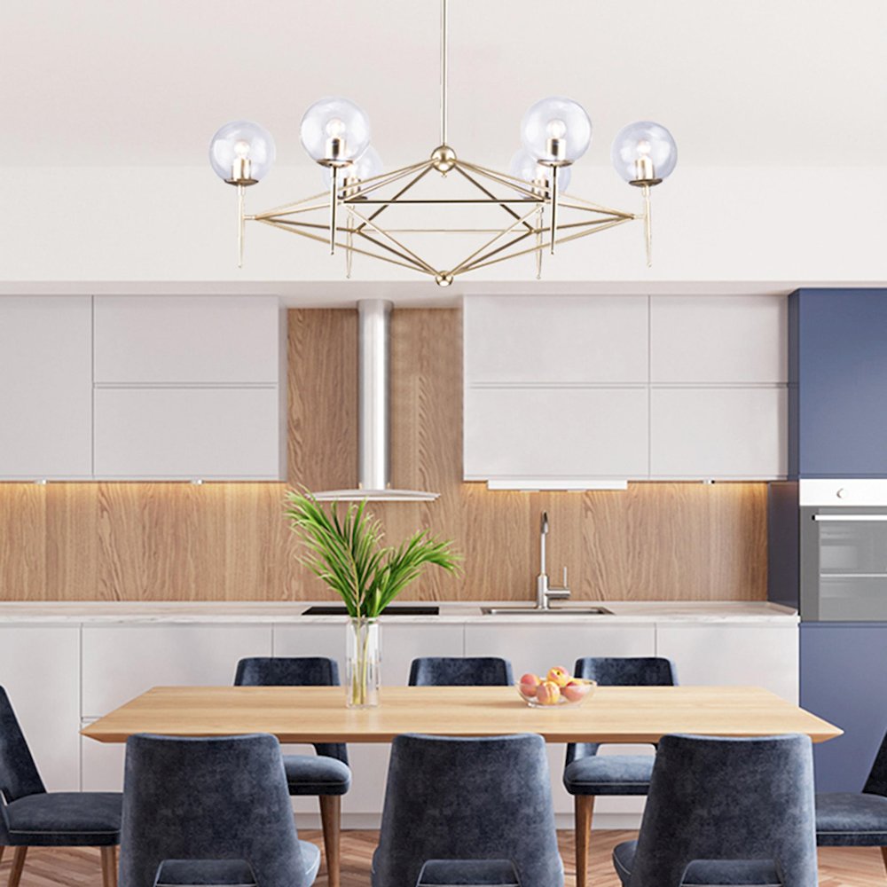 6-Light Gold Iron Chandelier With Clear Glass Shades. Picture 3