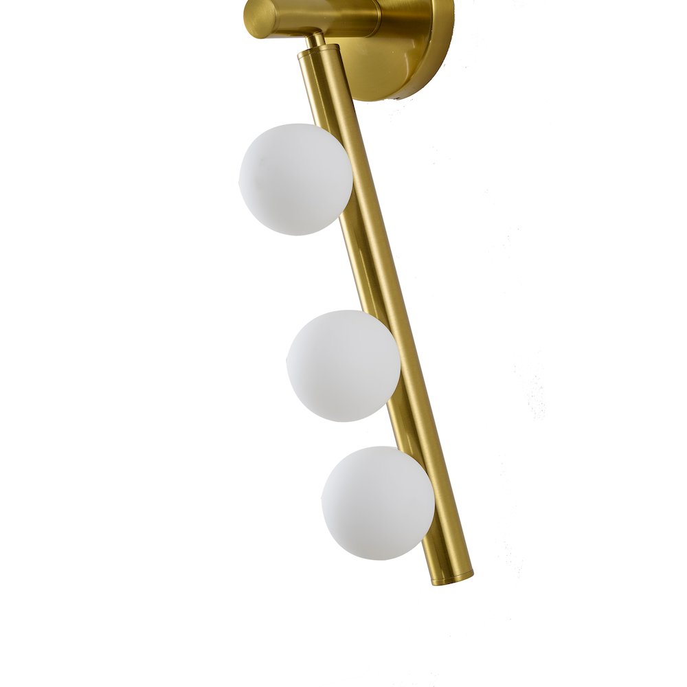 3-Light Satin Brass Metal Wall Sconce With Whtie Glass Shades. Picture 4