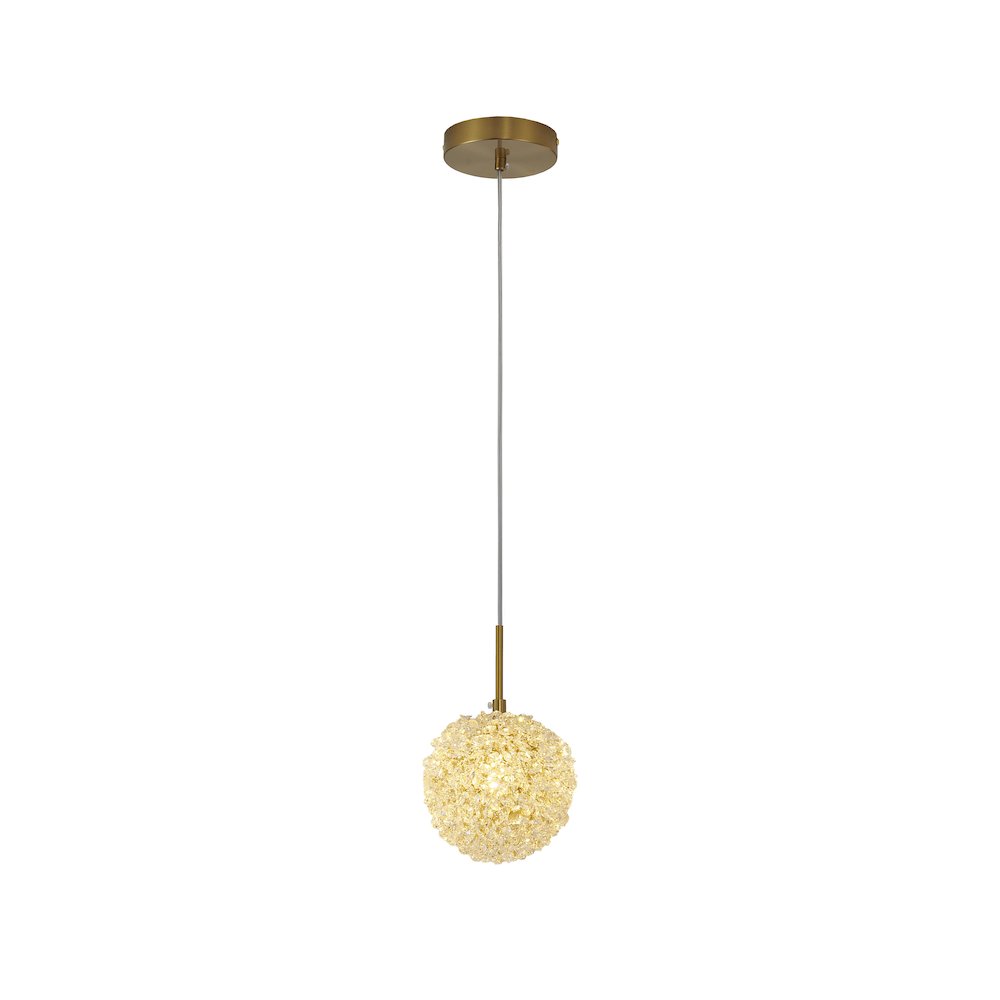 1-Light Brass Steel Single Pendant With Clear Crystal Beaded Ball. Picture 1