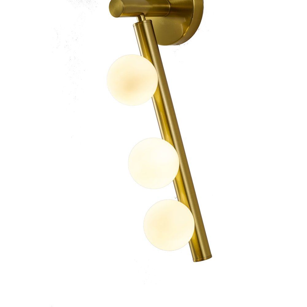 3-Light Satin Brass Metal Wall Sconce With Whtie Glass Shades. Picture 3